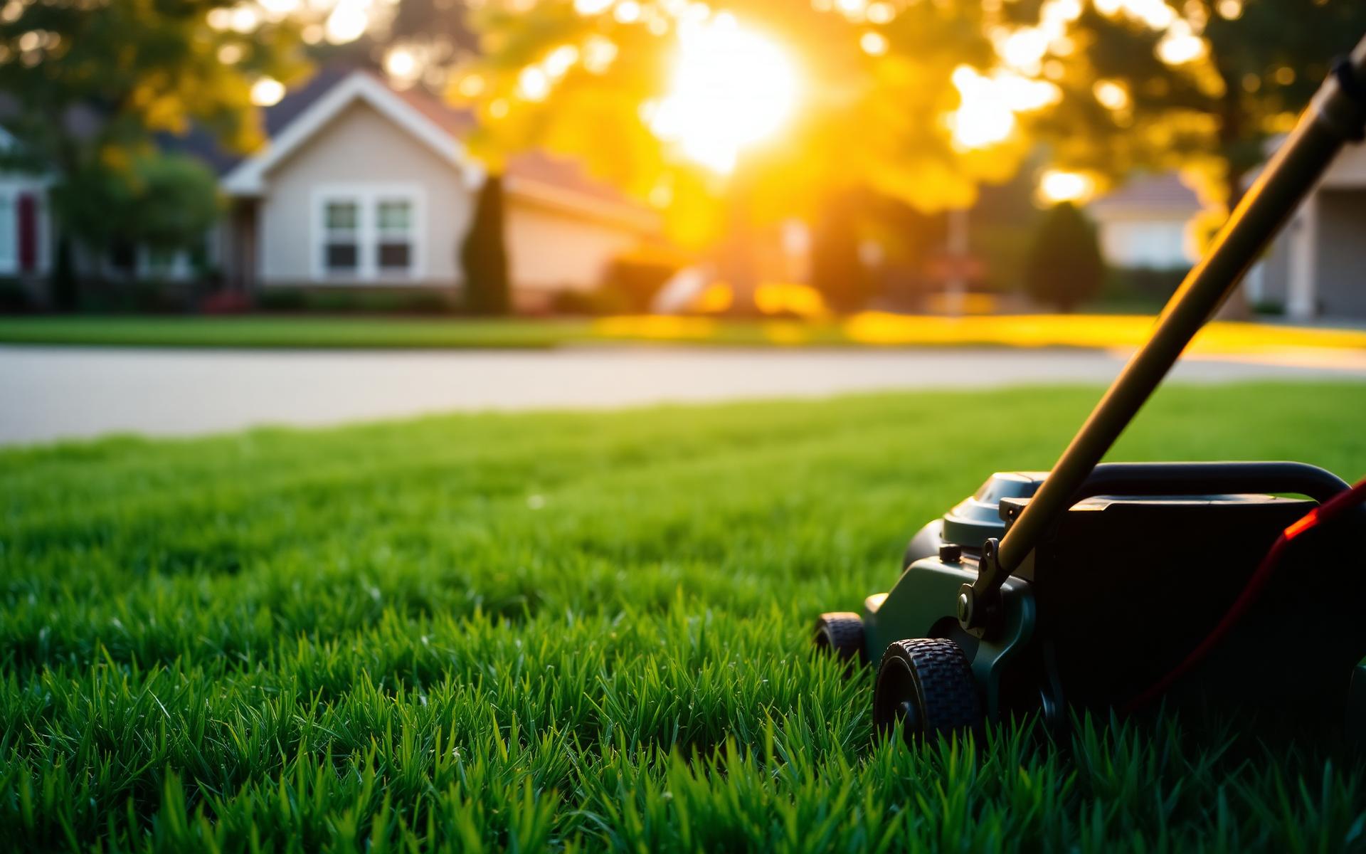 Freshly mowed lawn in front of a home at golden hour